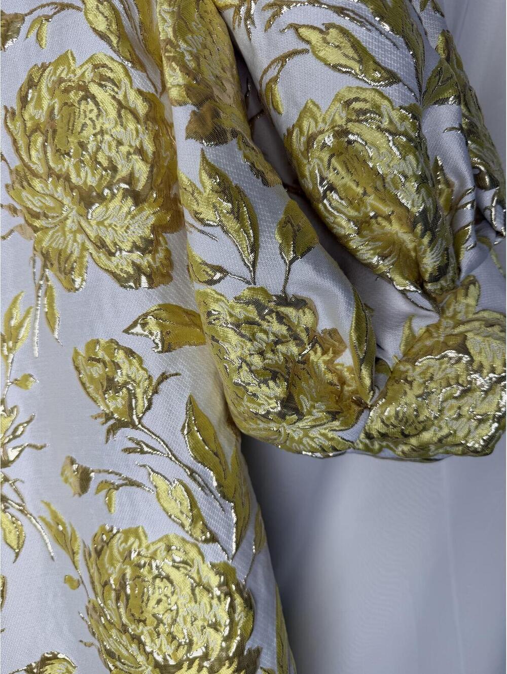 Vintage 1980s Metallic Gold Floral Brocade Puff Sleeve Dress with Flounce Hem - Picture 2 of 9